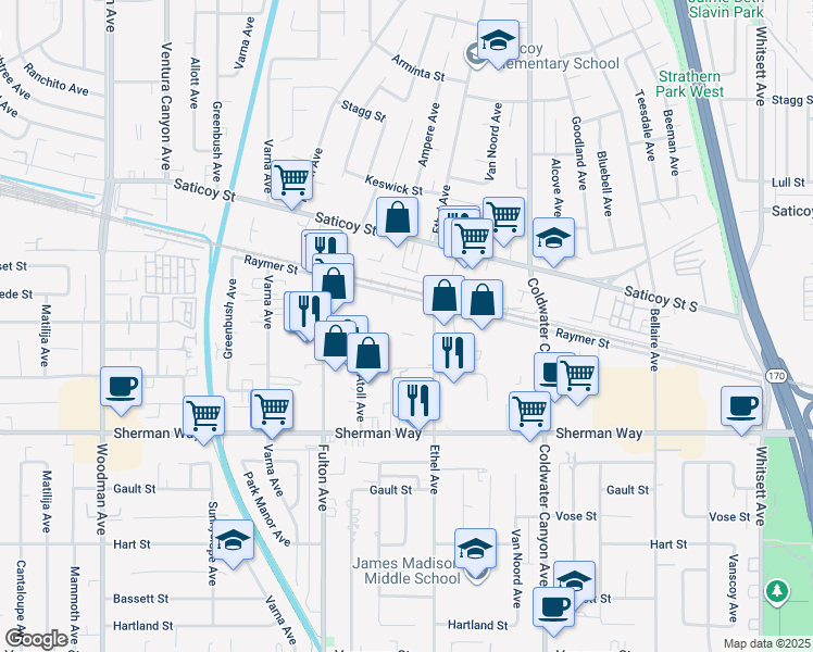 map of restaurants, bars, coffee shops, grocery stores, and more near 7347 Ethel Avenue in Los Angeles