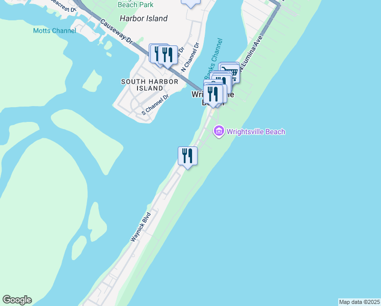 map of restaurants, bars, coffee shops, grocery stores, and more near 216 North Lumina Avenue in Wrightsville Beach