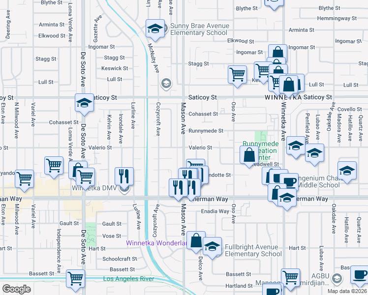 map of restaurants, bars, coffee shops, grocery stores, and more near Mason Avenue & Valerio Street in Los Angeles