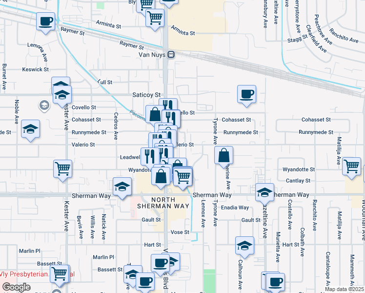 map of restaurants, bars, coffee shops, grocery stores, and more near 14420 Valerio Street in Los Angeles