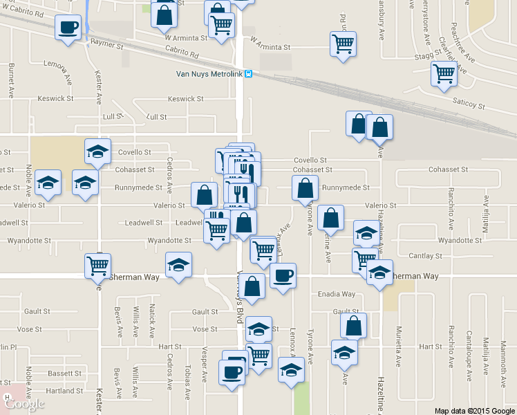 map of restaurants, bars, coffee shops, grocery stores, and more near 14420 Valerio Street in Los Angeles