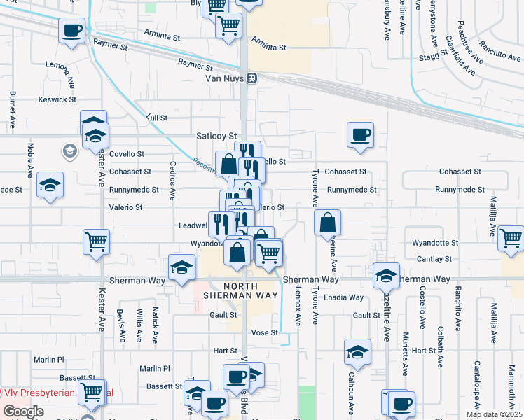 map of restaurants, bars, coffee shops, grocery stores, and more near 14420 Valerio Street in Los Angeles