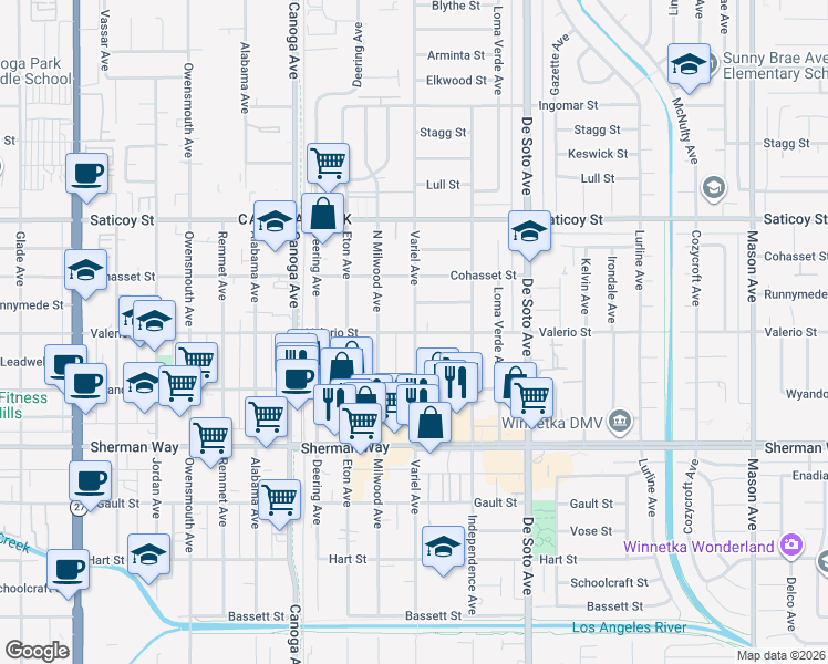 map of restaurants, bars, coffee shops, grocery stores, and more near 7 Valerio Street in Los Angeles