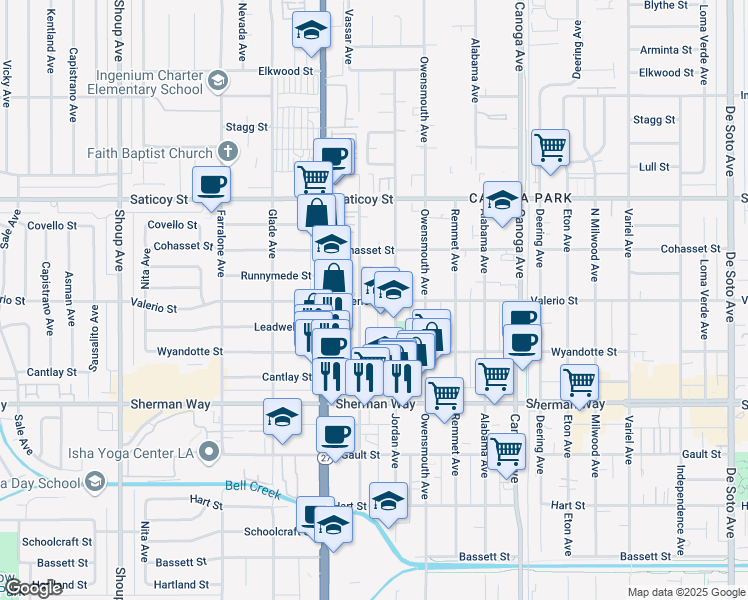 map of restaurants, bars, coffee shops, grocery stores, and more near 7357 Jordan Avenue in Los Angeles