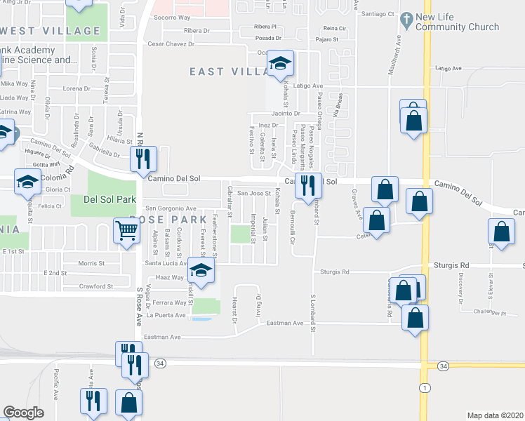 map of restaurants, bars, coffee shops, grocery stores, and more near 330 Imperial Street in Oxnard