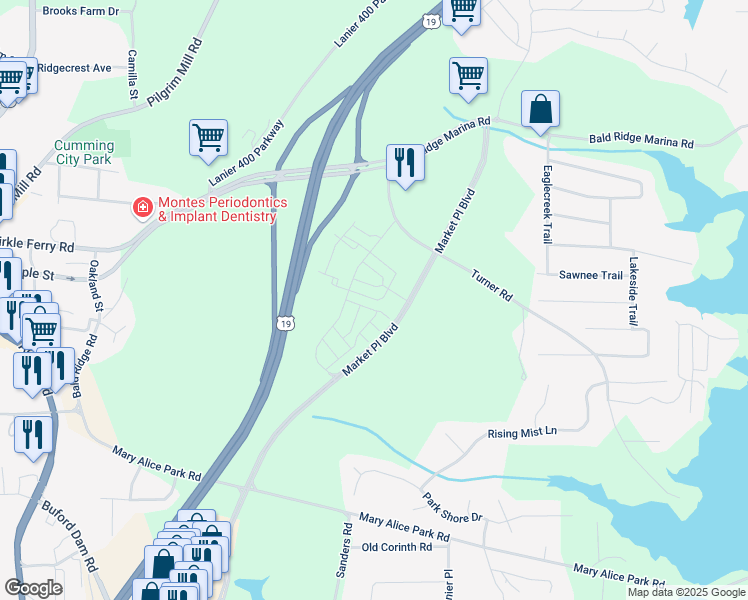 map of restaurants, bars, coffee shops, grocery stores, and more near 1222 Waterfall Court in Cumming