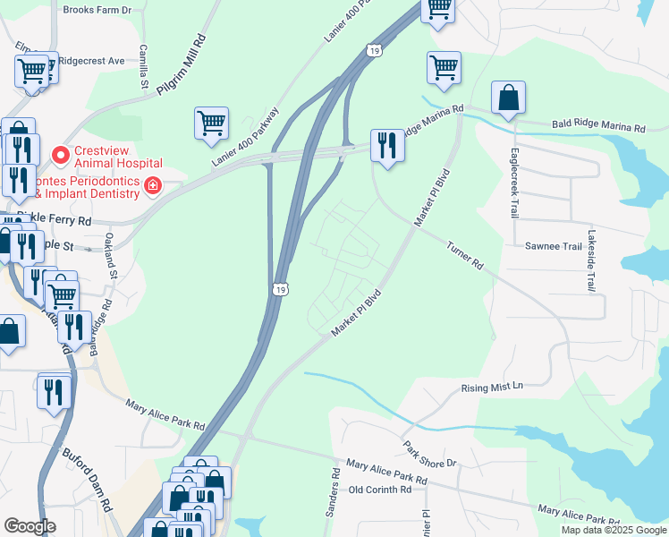map of restaurants, bars, coffee shops, grocery stores, and more near 1172 Turner Road in Cumming