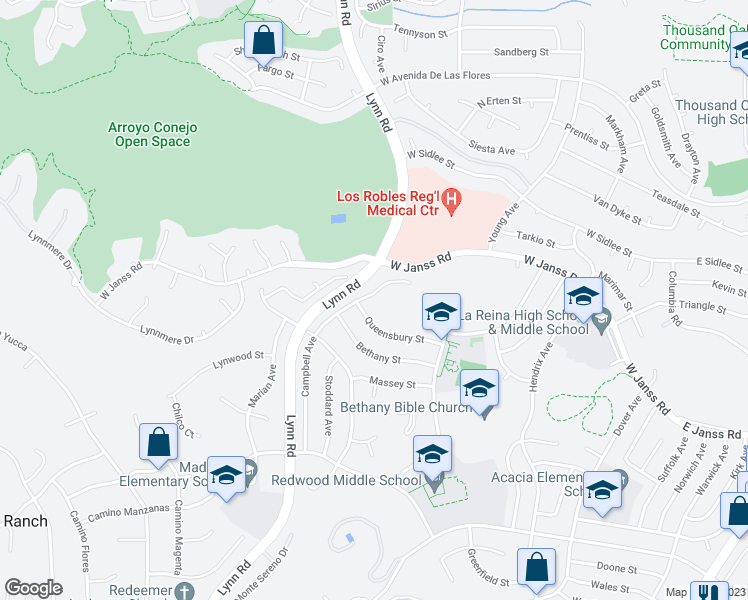 map of restaurants, bars, coffee shops, grocery stores, and more near 1978 Campbell Avenue in Thousand Oaks
