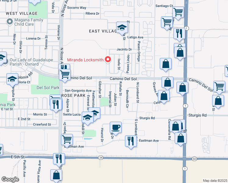 map of restaurants, bars, coffee shops, grocery stores, and more near 341 Julian Street in Oxnard