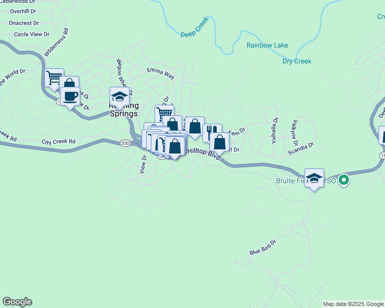 map of restaurants, bars, coffee shops, grocery stores, and more near 32075 Hilltop Boulevard in Running Springs