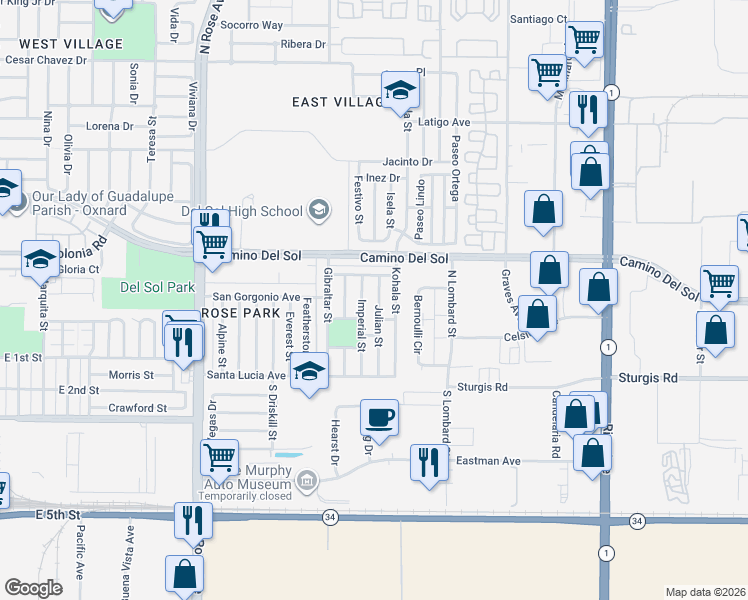 map of restaurants, bars, coffee shops, grocery stores, and more near 330 Imperial Street in Oxnard