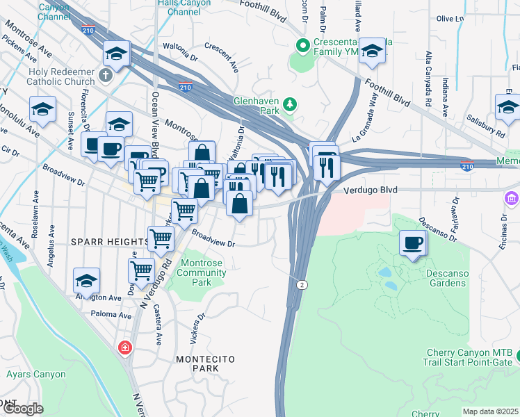 map of restaurants, bars, coffee shops, grocery stores, and more near Verdugo Blvd & Valihi Way in Glendale