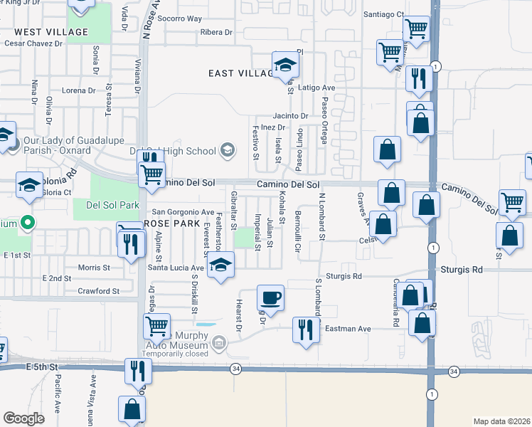 map of restaurants, bars, coffee shops, grocery stores, and more near 341 Julian Street in Oxnard