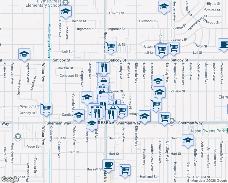 map of restaurants, bars, coffee shops, grocery stores, and more near 18605 Valerio Street in Los Angeles