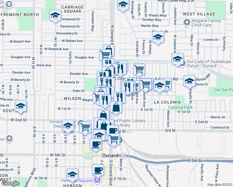 map of restaurants, bars, coffee shops, grocery stores, and more near 121 Cooper Road in Oxnard