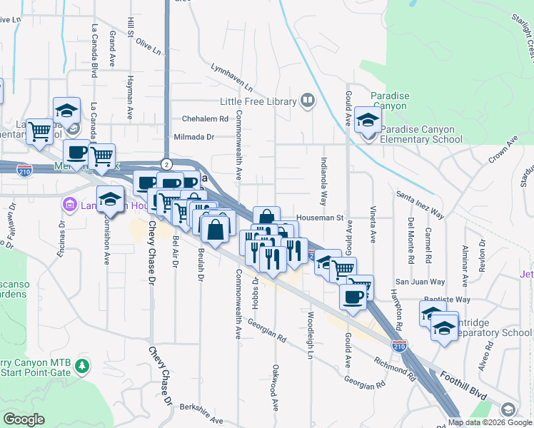 map of restaurants, bars, coffee shops, grocery stores, and more near 4703 Oakwood Avenue in La Cañada Flintridge