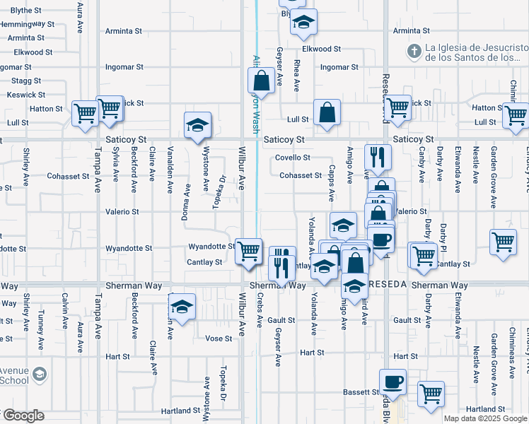 map of restaurants, bars, coffee shops, grocery stores, and more near 18822 Valerio Street in Los Angeles