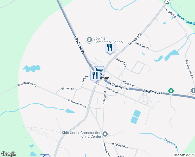 map of restaurants, bars, coffee shops, grocery stores, and more near in Bowman