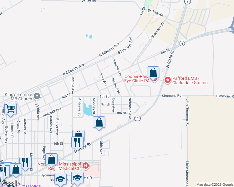 map of restaurants, bars, coffee shops, grocery stores, and more near 535 Illinois Avenue in Clarksdale