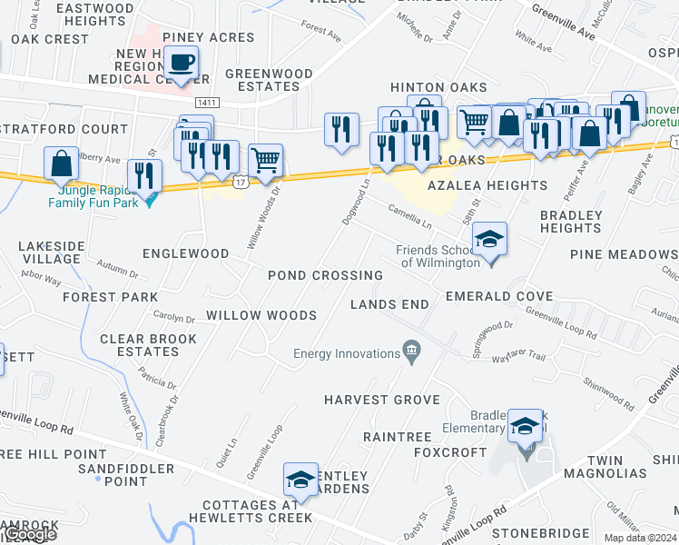 map of restaurants, bars, coffee shops, grocery stores, and more near 5507 Plover Court in Wilmington