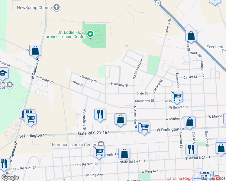 map of restaurants, bars, coffee shops, grocery stores, and more near 1109 Dixie Street in Florence