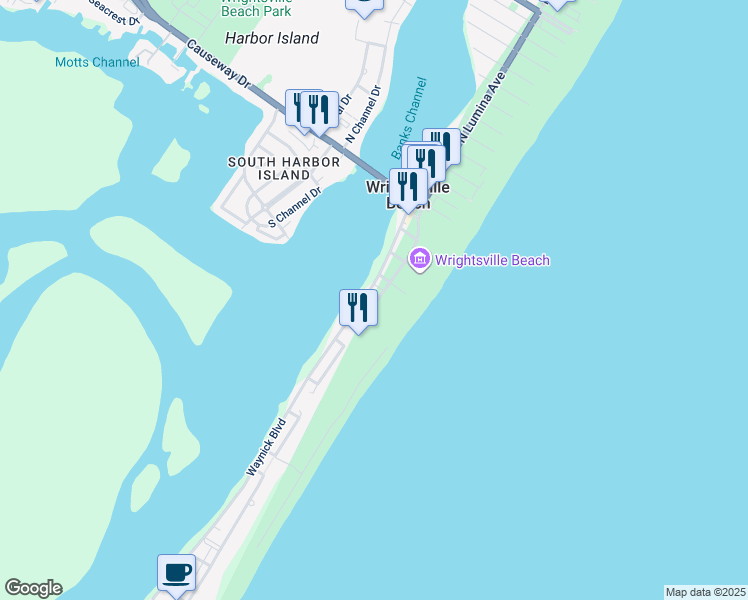 map of restaurants, bars, coffee shops, grocery stores, and more near 212 South Lumina Avenue in Wrightsville Beach
