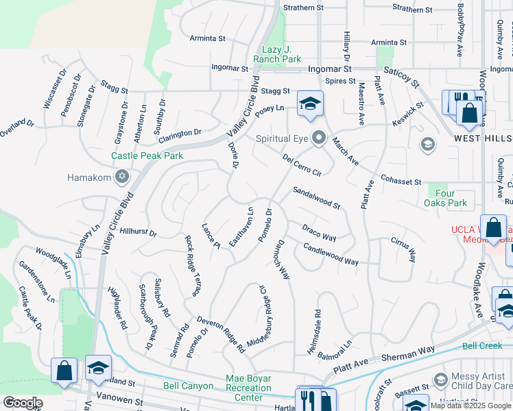 map of restaurants, bars, coffee shops, grocery stores, and more near 7417 Darnoch Way in Los Angeles