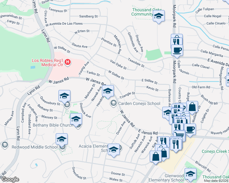 map of restaurants, bars, coffee shops, grocery stores, and more near 111 West Janss Road in Thousand Oaks