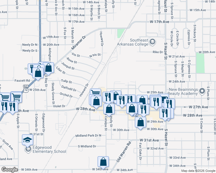 map of restaurants, bars, coffee shops, grocery stores, and more near 2500 South Catalpa Street in Pine Bluff