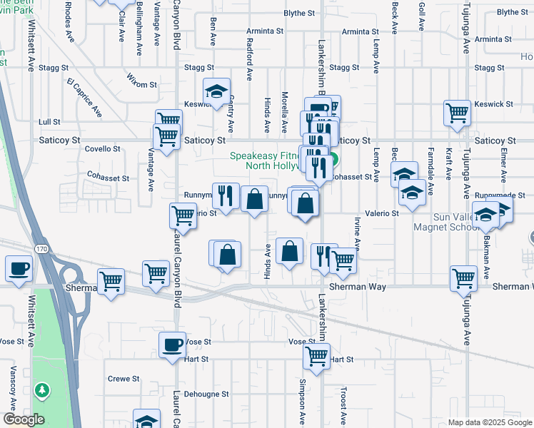map of restaurants, bars, coffee shops, grocery stores, and more near Hinds Avenue in Los Angeles