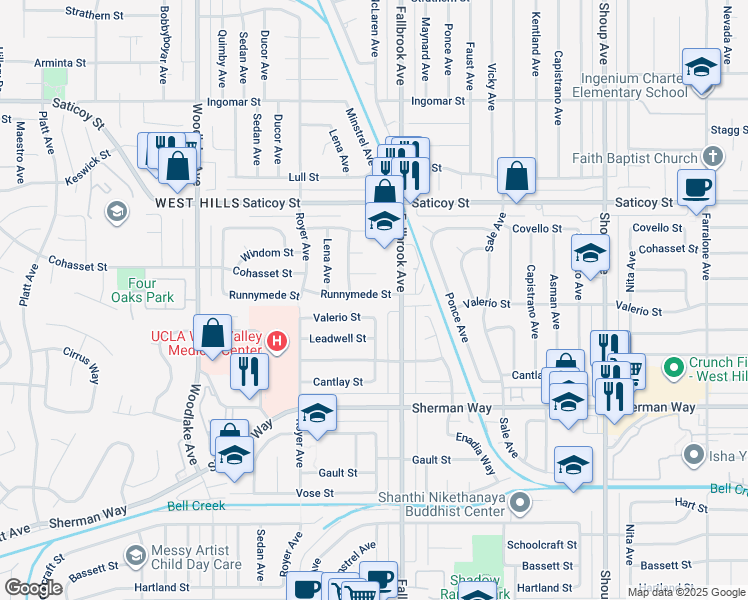 map of restaurants, bars, coffee shops, grocery stores, and more near 22832 Runnymede Street in Los Angeles