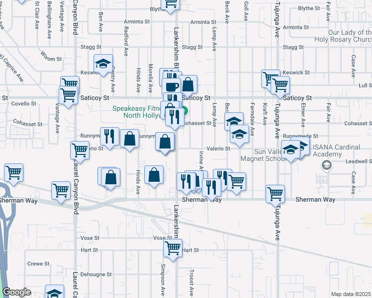 map of restaurants, bars, coffee shops, grocery stores, and more near 7350 Lankershim Boulevard in Los Angeles