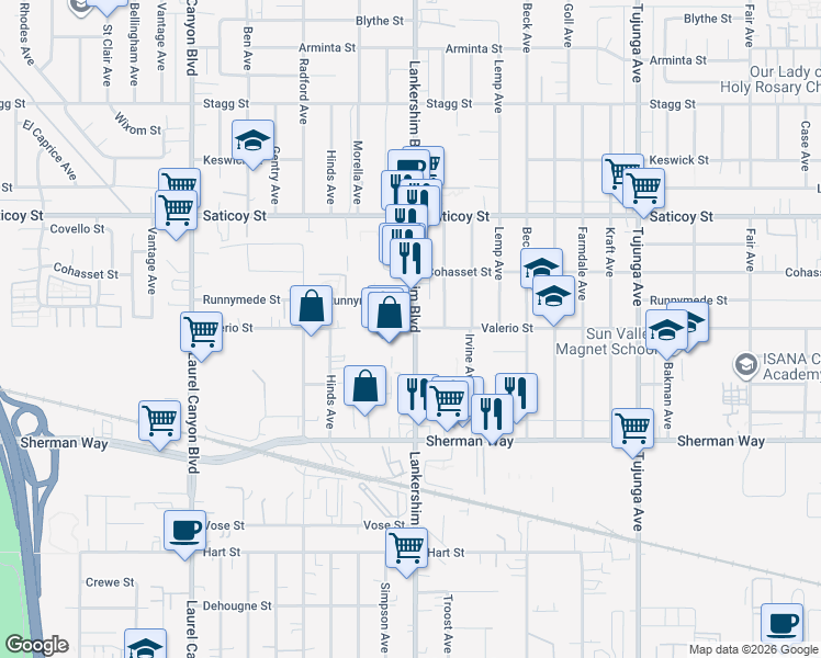 map of restaurants, bars, coffee shops, grocery stores, and more near 7350 Lankershim Boulevard in Los Angeles