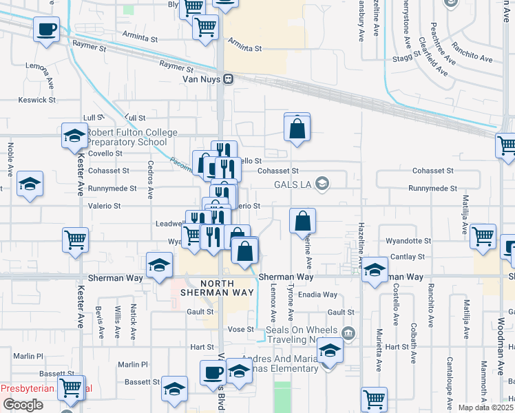 map of restaurants, bars, coffee shops, grocery stores, and more near 7365 Lennox Avenue in Los Angeles