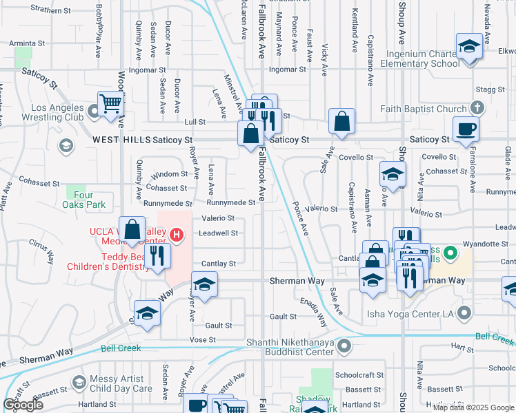 map of restaurants, bars, coffee shops, grocery stores, and more near 7358 Fallbrook Avenue in Los Angeles