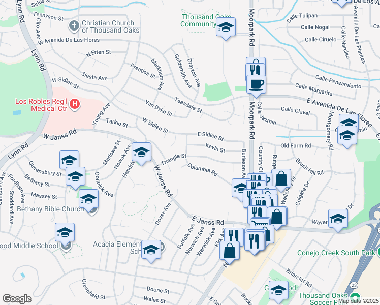 map of restaurants, bars, coffee shops, grocery stores, and more near 113 Columbia Road in Thousand Oaks