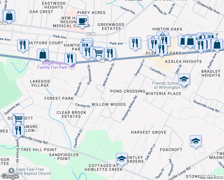 map of restaurants, bars, coffee shops, grocery stores, and more near 402 Shuney Street in Wilmington