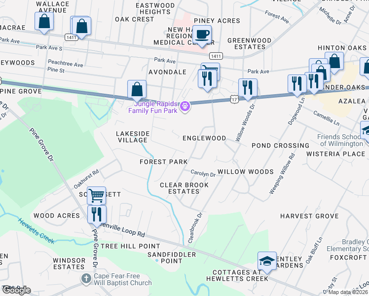map of restaurants, bars, coffee shops, grocery stores, and more near 5402-5414 Autumn Drive in Wilmington