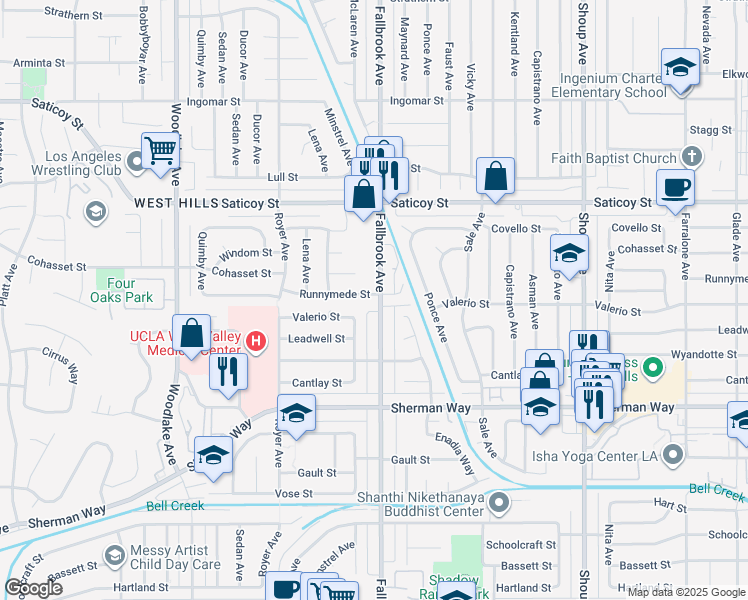 map of restaurants, bars, coffee shops, grocery stores, and more near 7358 Fallbrook Avenue in Los Angeles