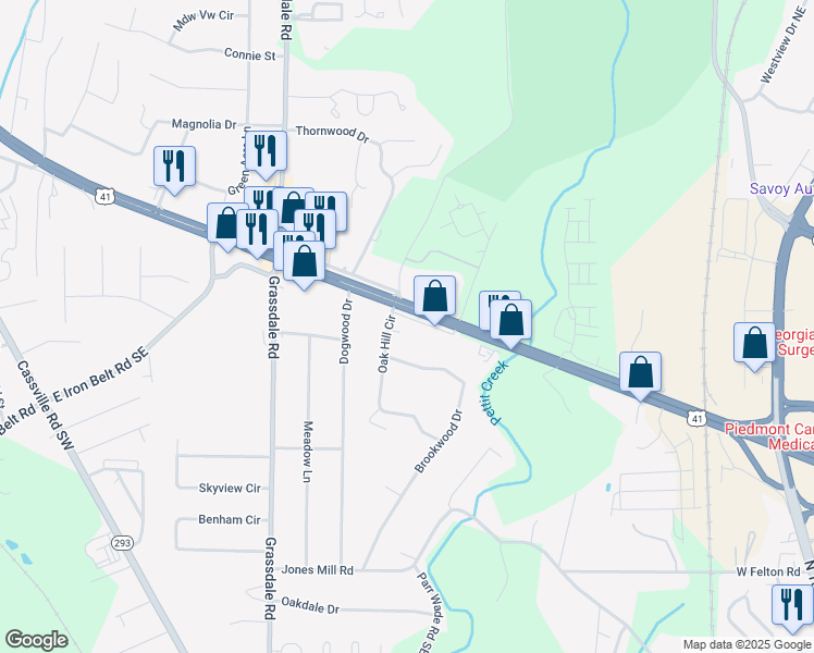 map of restaurants, bars, coffee shops, grocery stores, and more near 25 Oak Hill Circle in Cartersville