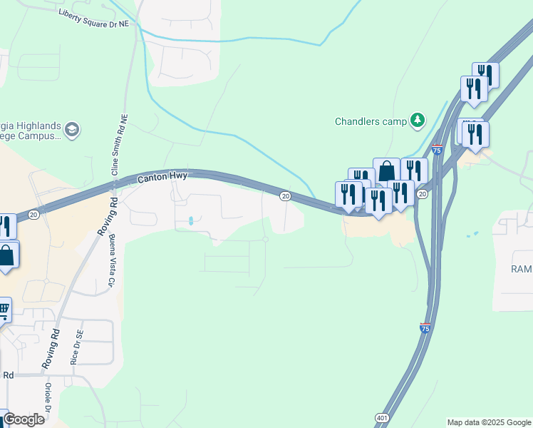 map of restaurants, bars, coffee shops, grocery stores, and more near 5580-5582 Georgia 20 in Cartersville