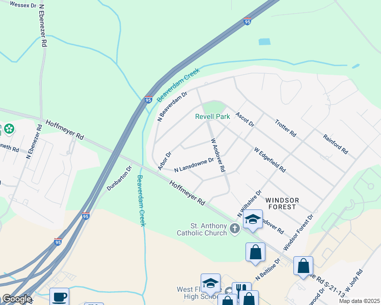 map of restaurants, bars, coffee shops, grocery stores, and more near 605 North Lansdowne Drive in Florence