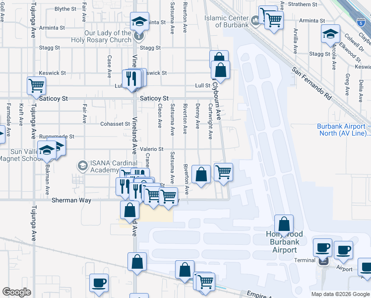 map of restaurants, bars, coffee shops, grocery stores, and more near 7402 Riverton Avenue in Los Angeles