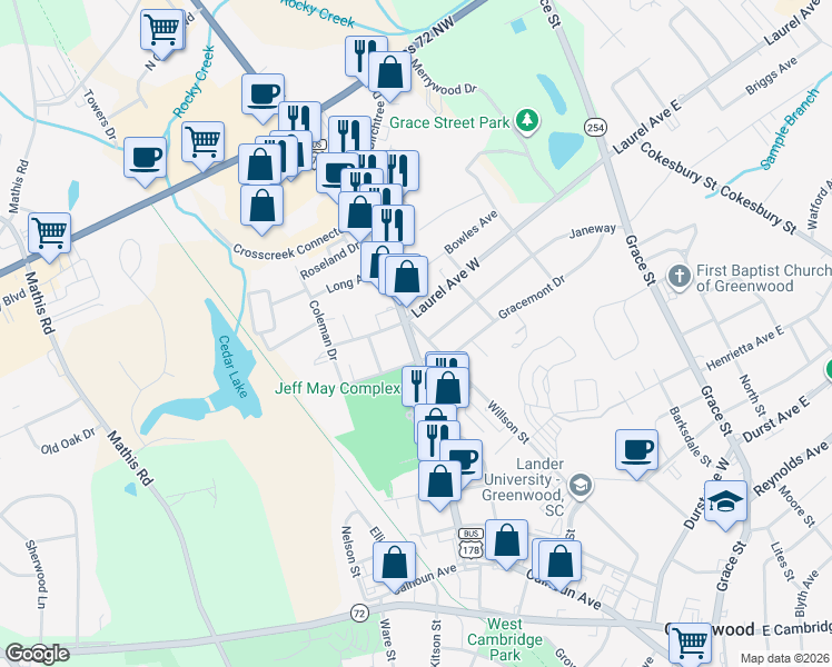 map of restaurants, bars, coffee shops, grocery stores, and more near 608 Montague Avenue in Greenwood