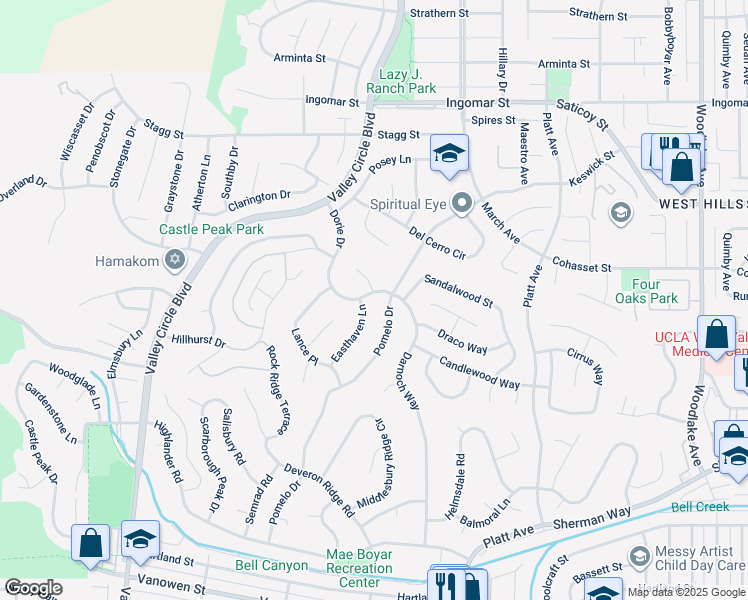 map of restaurants, bars, coffee shops, grocery stores, and more near 7417 Darnoch Way in Los Angeles