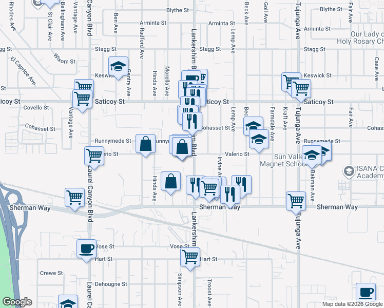 map of restaurants, bars, coffee shops, grocery stores, and more near 7350 Lankershim Boulevard in Los Angeles