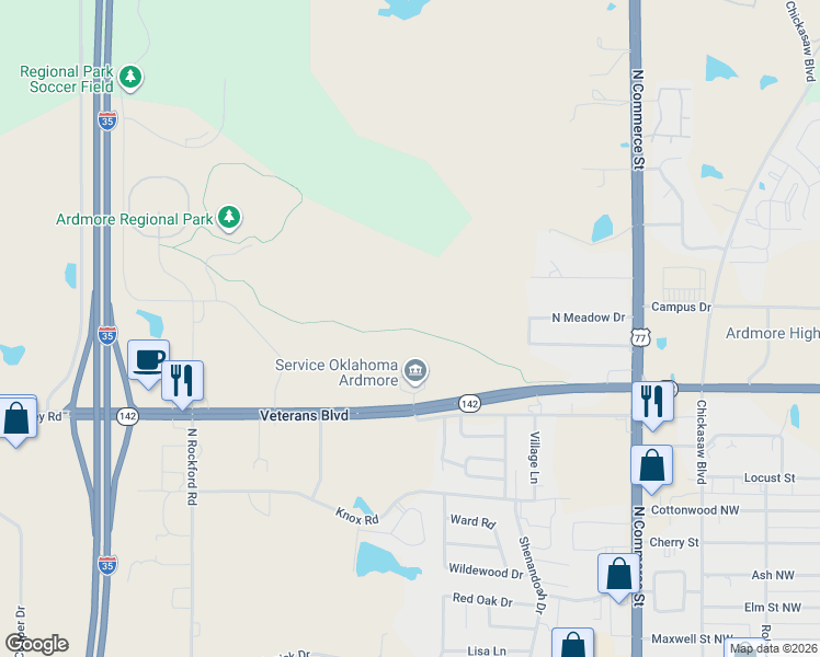 map of restaurants, bars, coffee shops, grocery stores, and more near Ardmore Regional Park Trail in Ardmore