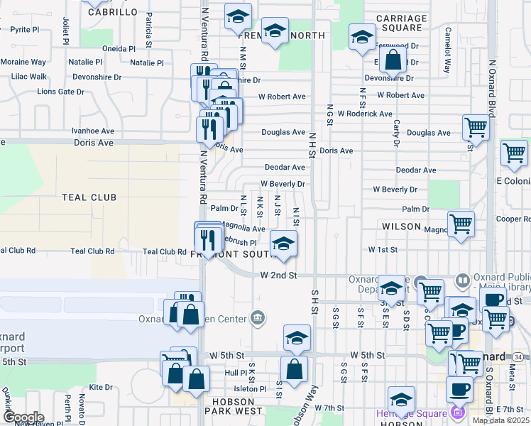 map of restaurants, bars, coffee shops, grocery stores, and more near 214 North K Street in Oxnard