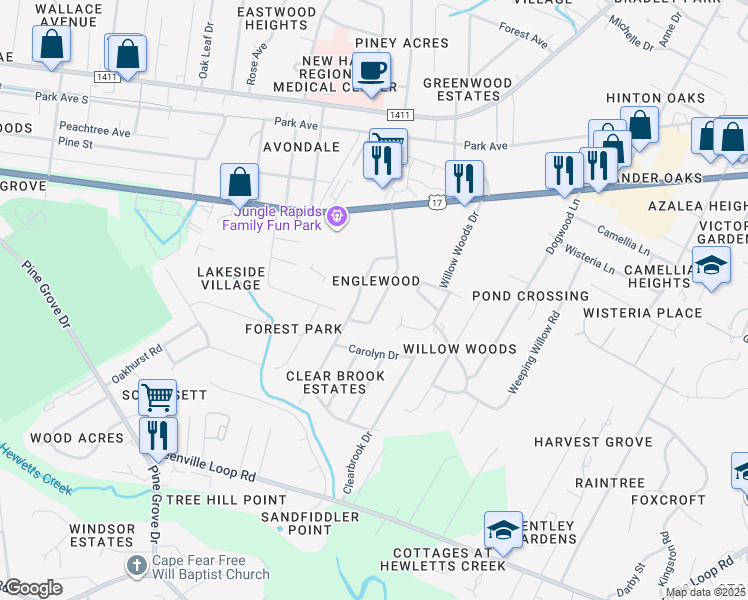 map of restaurants, bars, coffee shops, grocery stores, and more near 318 Englewood Drive in Wilmington