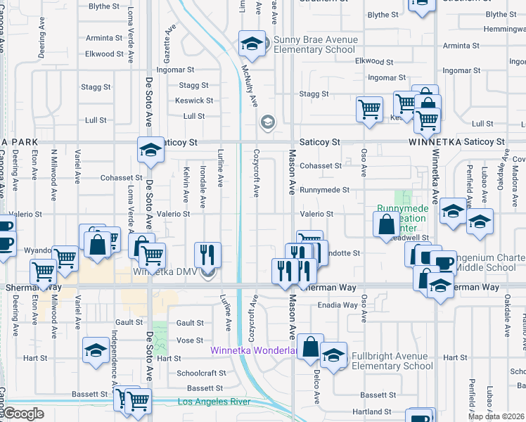 map of restaurants, bars, coffee shops, grocery stores, and more near 20528 Valerio Street in Los Angeles